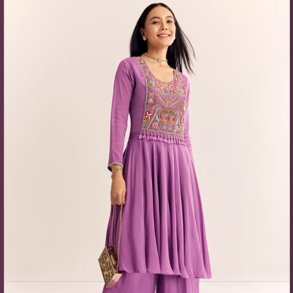 Purple Chinon Zardosi Kurta Palazzo Suit Kalki Fashion